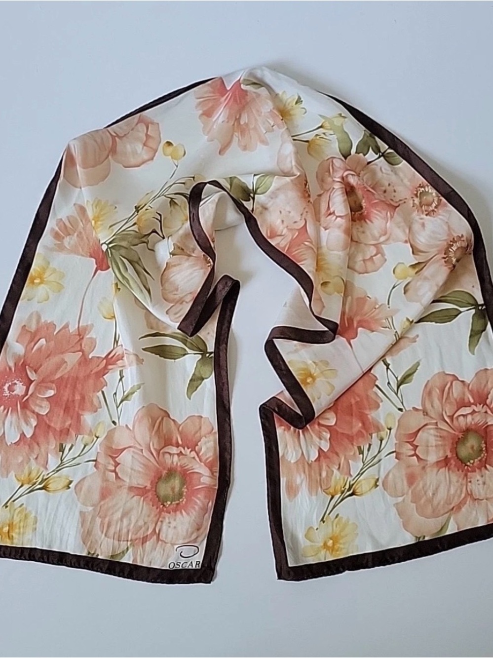 Oscar de la Renta Peach and Cream Floral Silk Scarf with Brown Trim